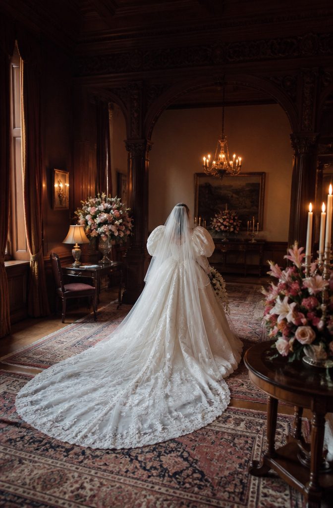 A bridal gown reflecting the influence of Princess Diana's wedding style.