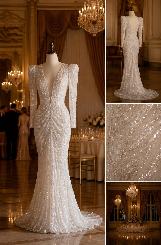 A white beaded mesh gown designed by Bob Mackie.