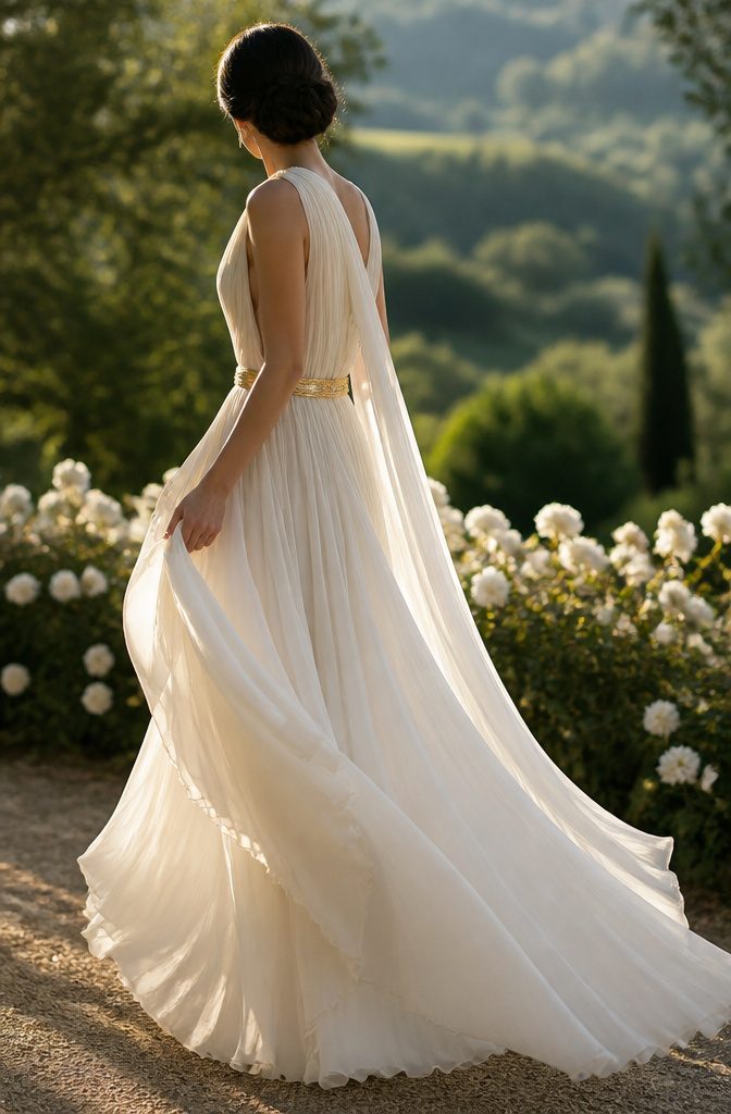 A Grecian-style gown made of ivory silk chiffon with pleats.