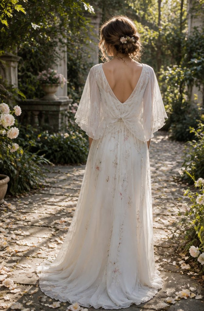 A sheer chiffon wedding dress with floral embroidery and a gathered back.