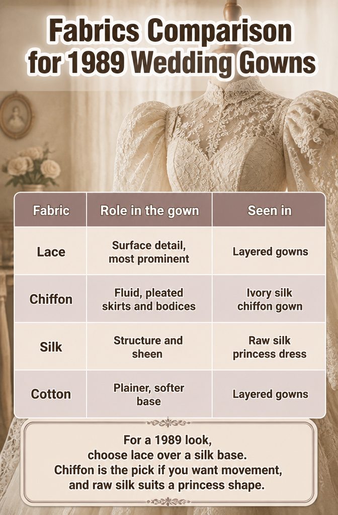 A comparison chart of fabrics used in 1989 wedding gowns.