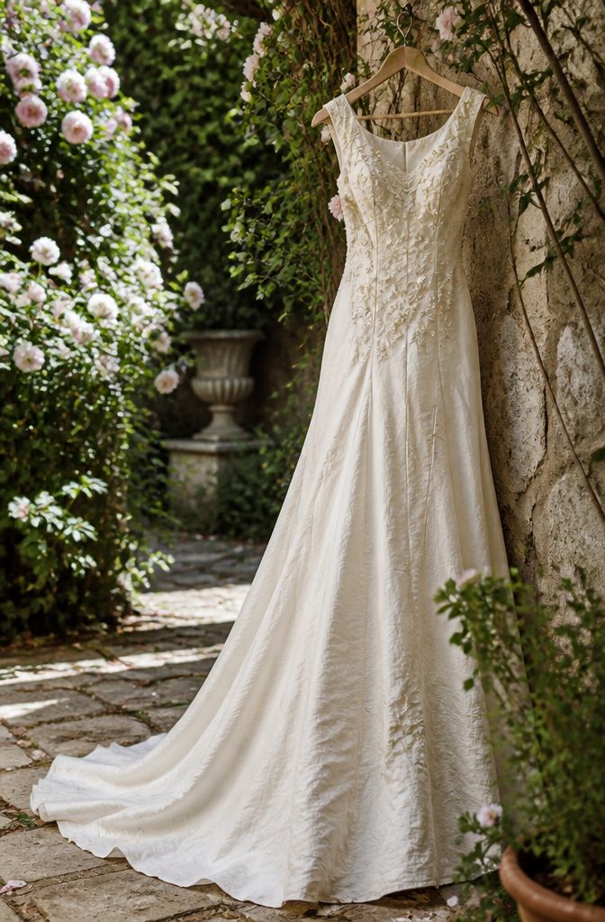 A raw silk wedding dress featuring floral appliqués in a garden.