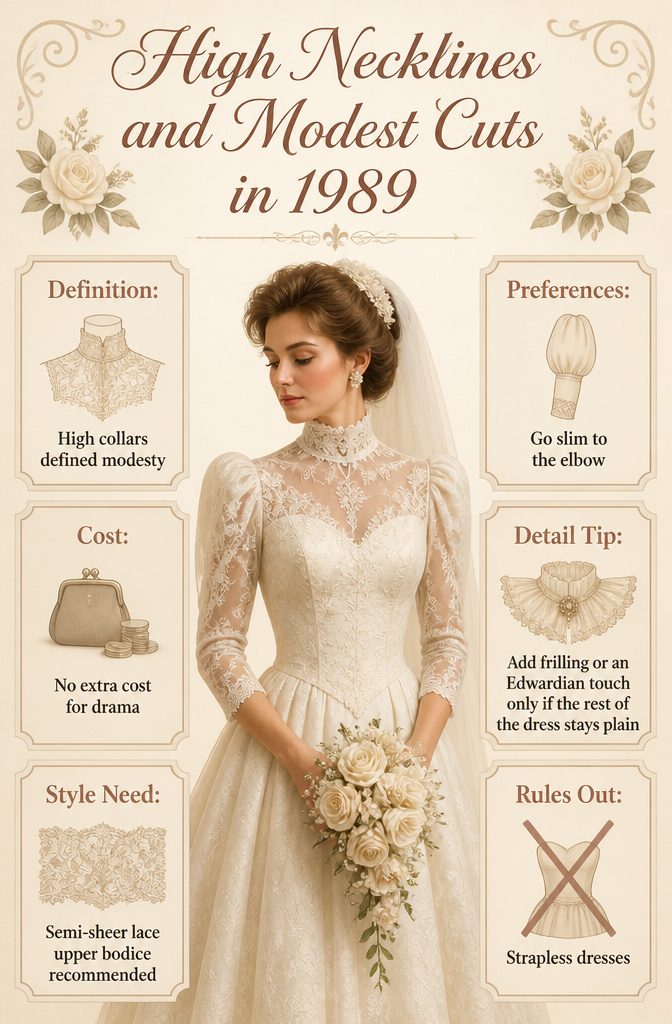 A chart depicting high necklines and modest cuts in 1989 bridal fashion.
