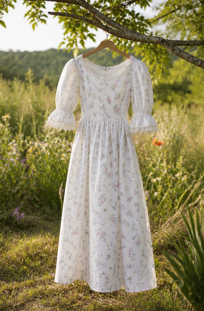 A white cotton dress with floral design displayed in a flower-filled meadow.