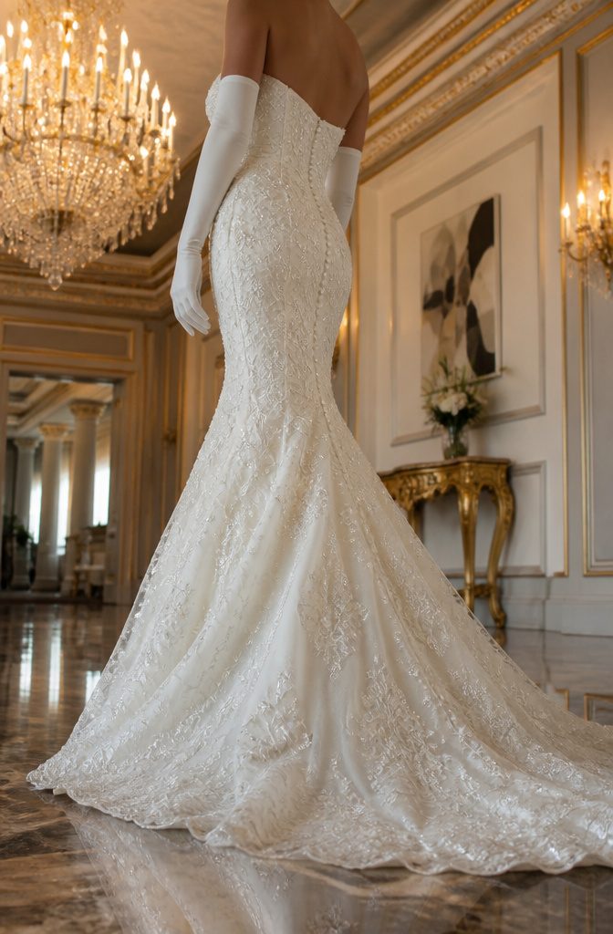 A fitted mermaid wedding dress with a ruffled fishtail hem.