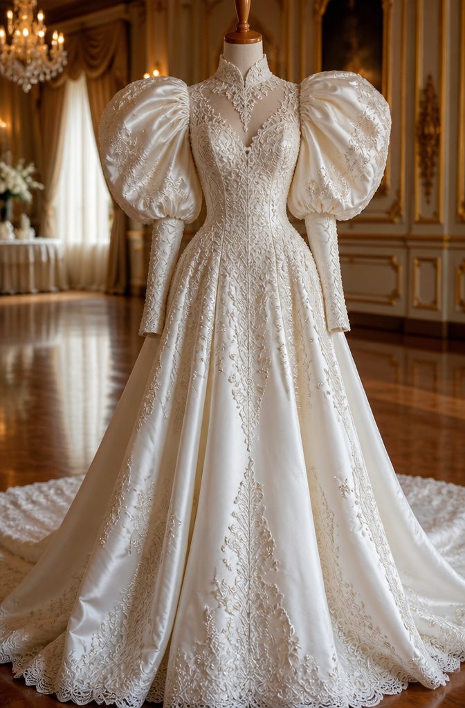 A wedding dress with large puffed sleeves and a fitted bodice.