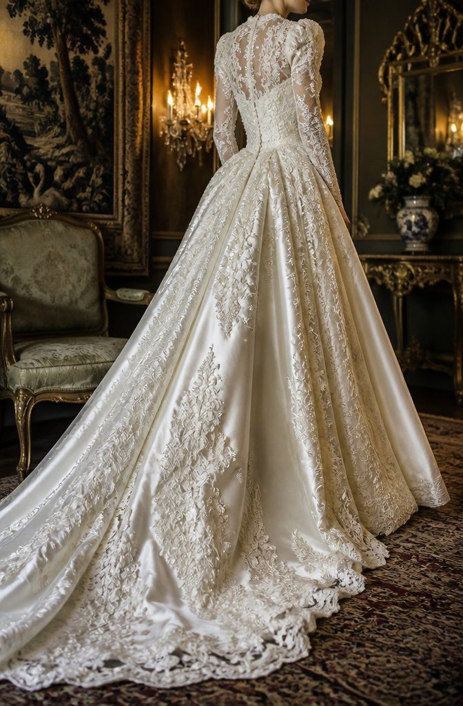 A silk satin gown with heavy guipure lace motifs.