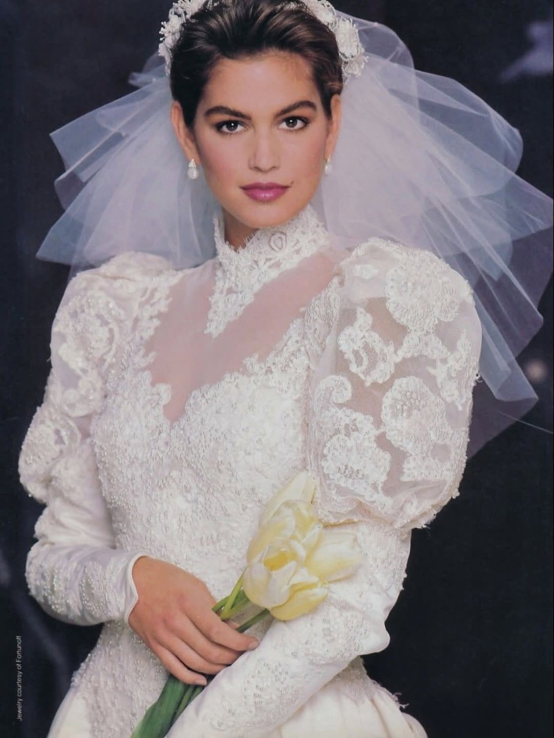 Woman in a white lace wedding dress with puffed sleeves and a veil.