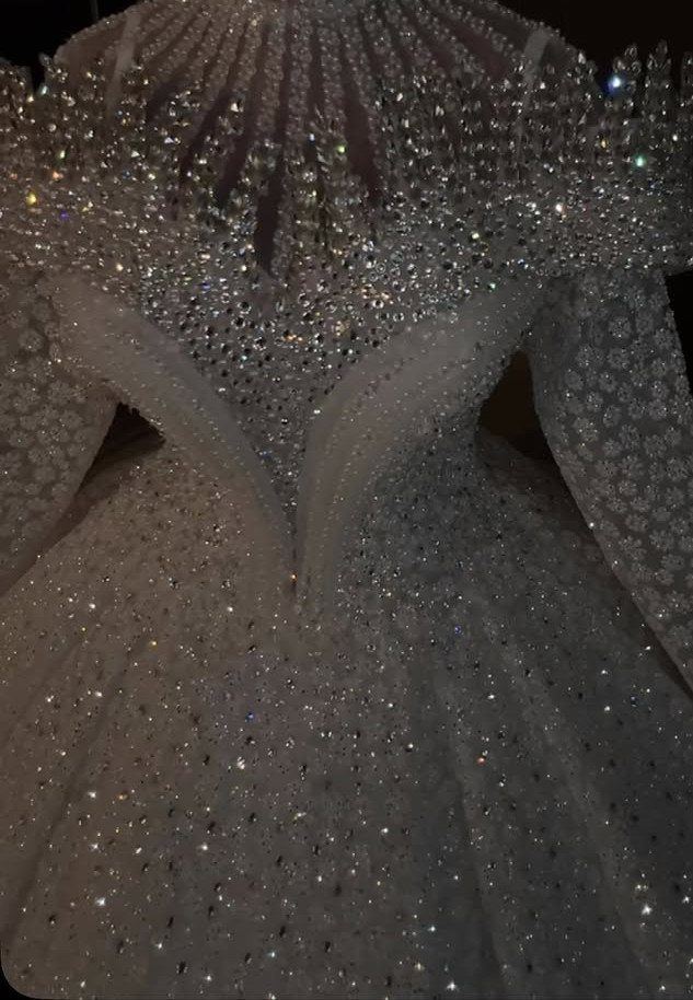 White wedding gown with a bodice and skirt covered in shimmering crystals