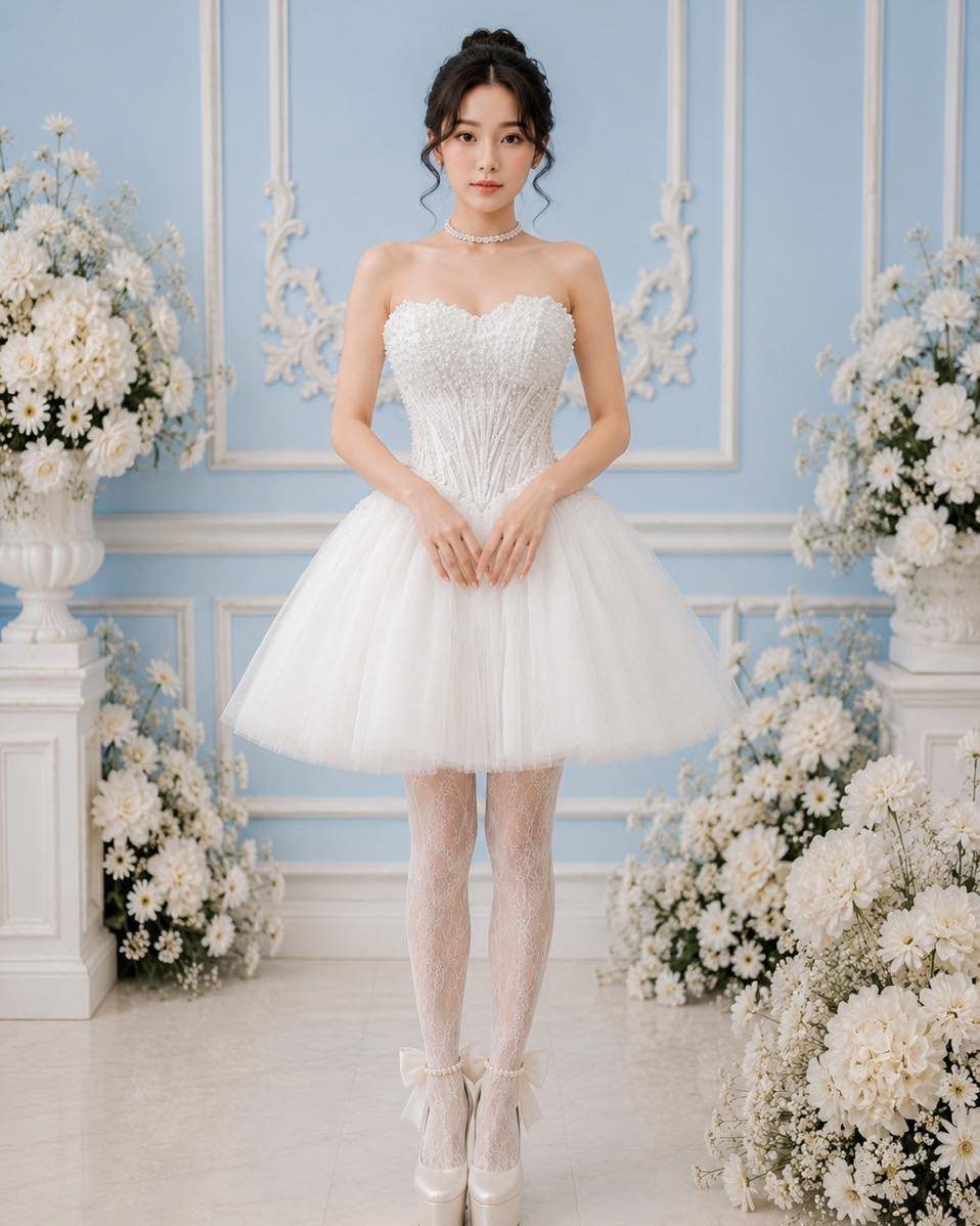 Woman in a short strapless white wedding dress with a full tulle skirt.
