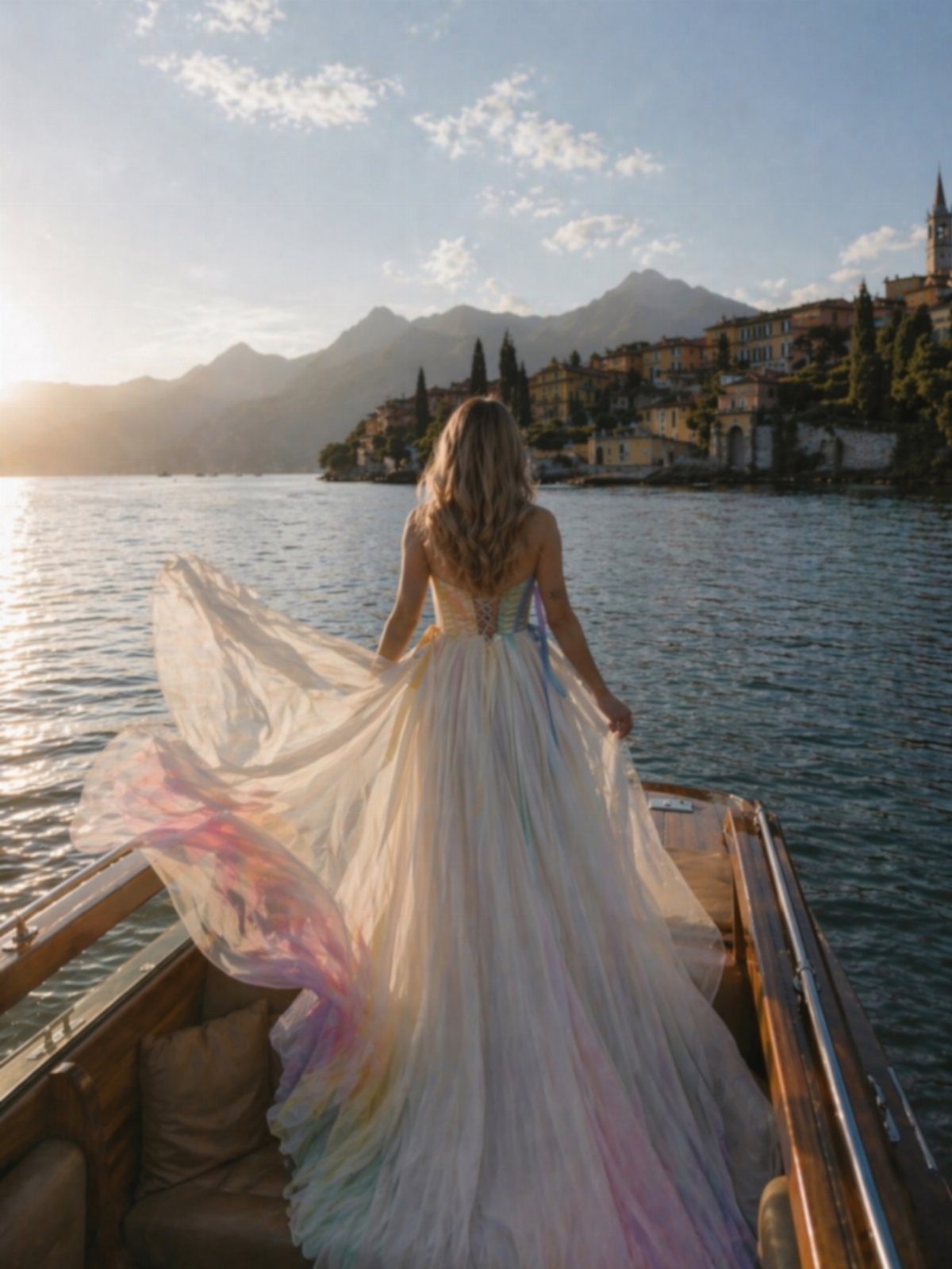 Woman in a white wedding gown with rainbow colored hem on a boat.
