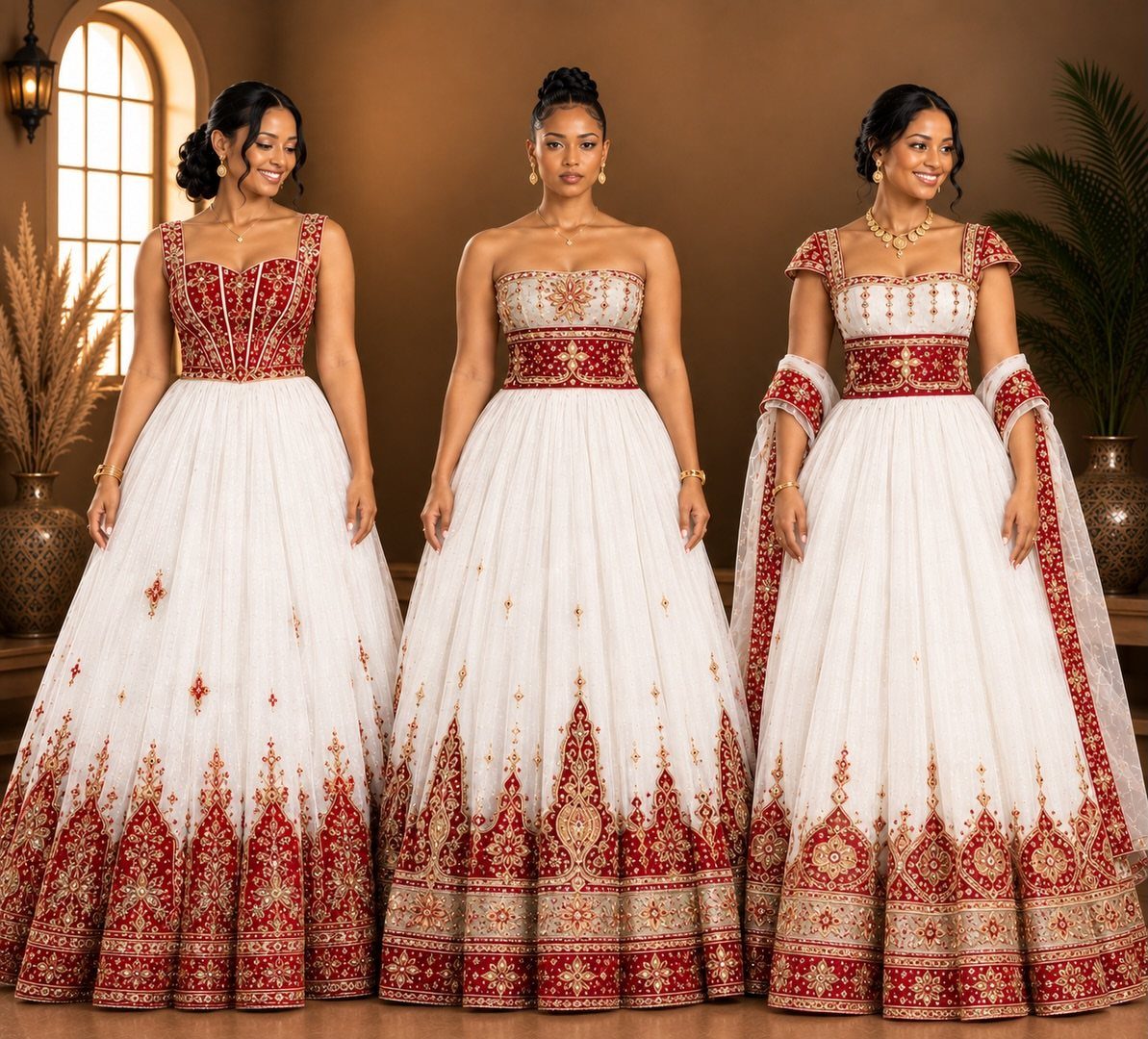 Three women wearing white bridal gowns with ornate red and gold embroidery.