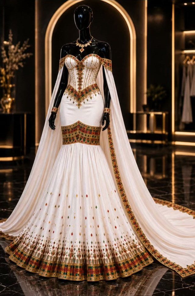 White mermaid bridal gown with traditional gold embroidery and a long flowing cape