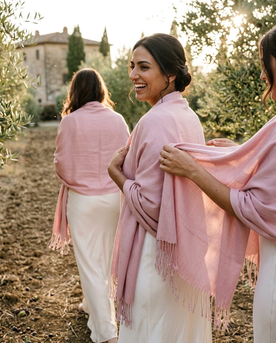 Three women in white dresses wearing light pink fringed shawls in a field.
