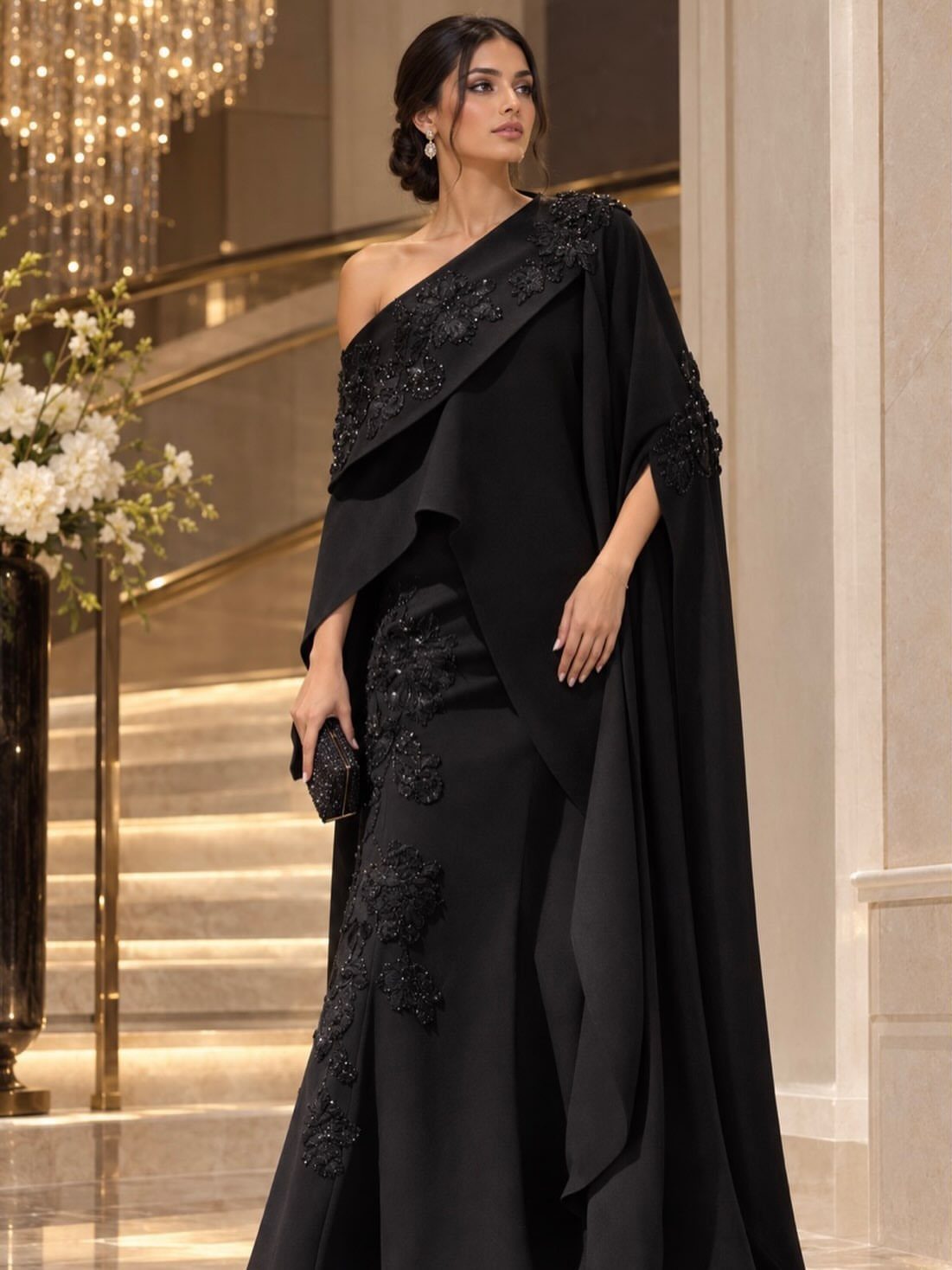 Woman in a one-shoulder black beaded gown with a cape in a luxury interior