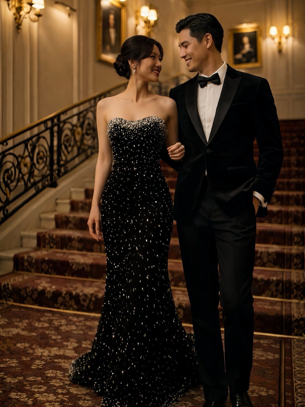 Couple in black formal wear posing on a luxurious carpeted staircase.
