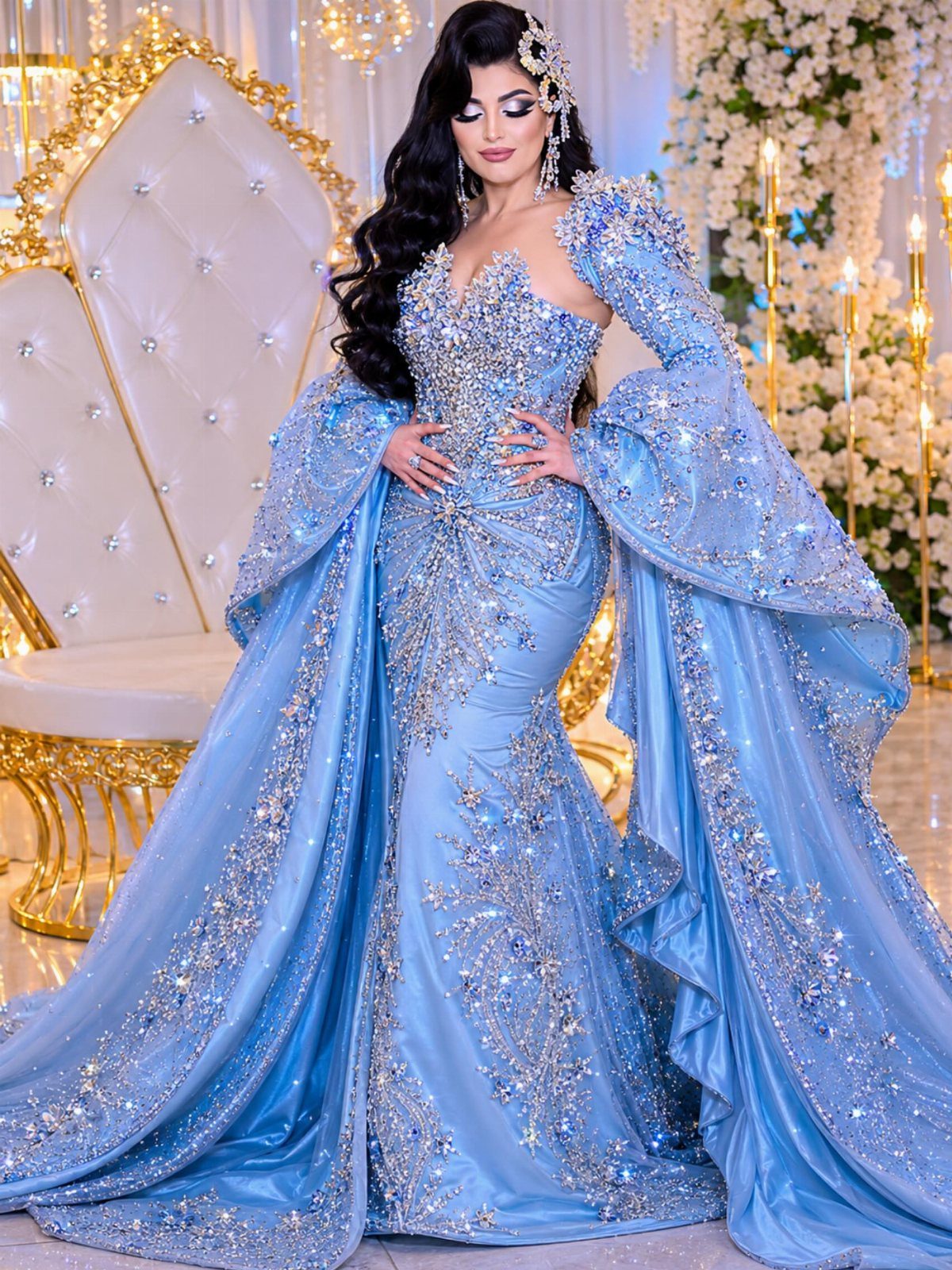 Woman in a sparkling light blue bridal gown with silver sequins and a long train.
