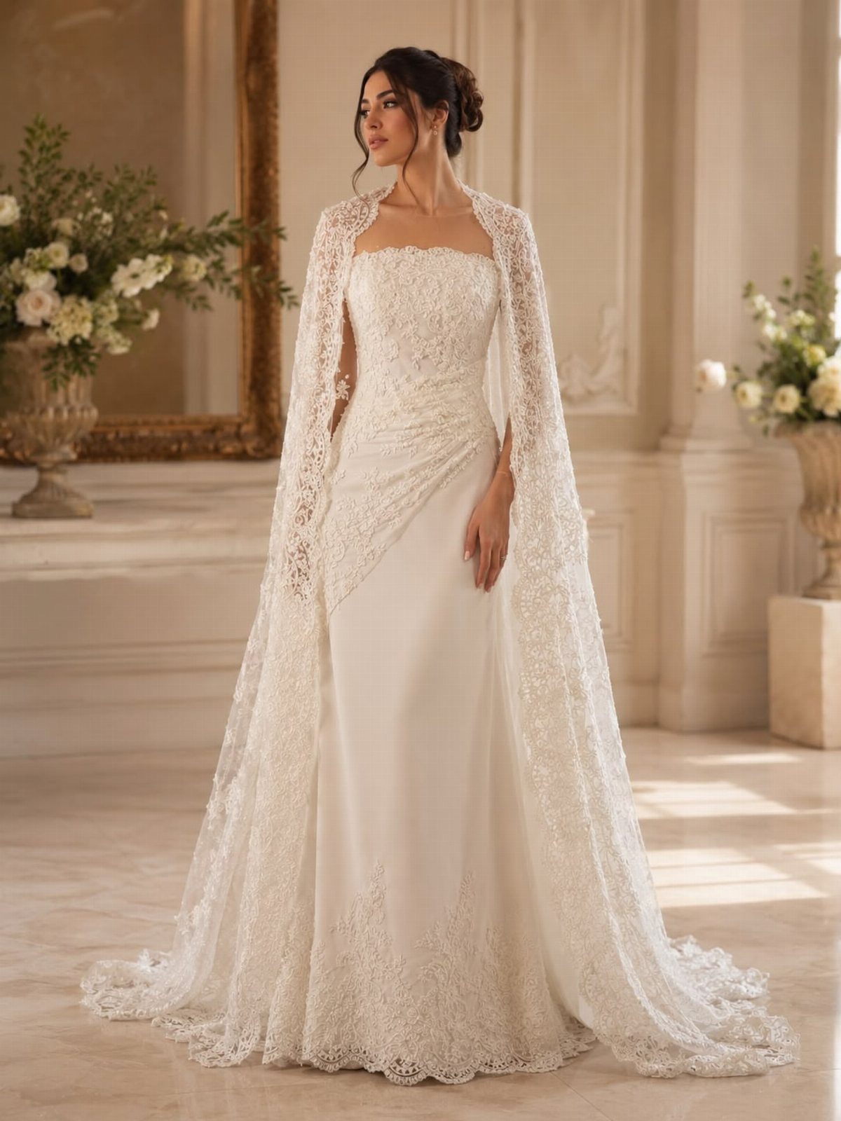 Woman in a white column wedding dress with a long lace cape.