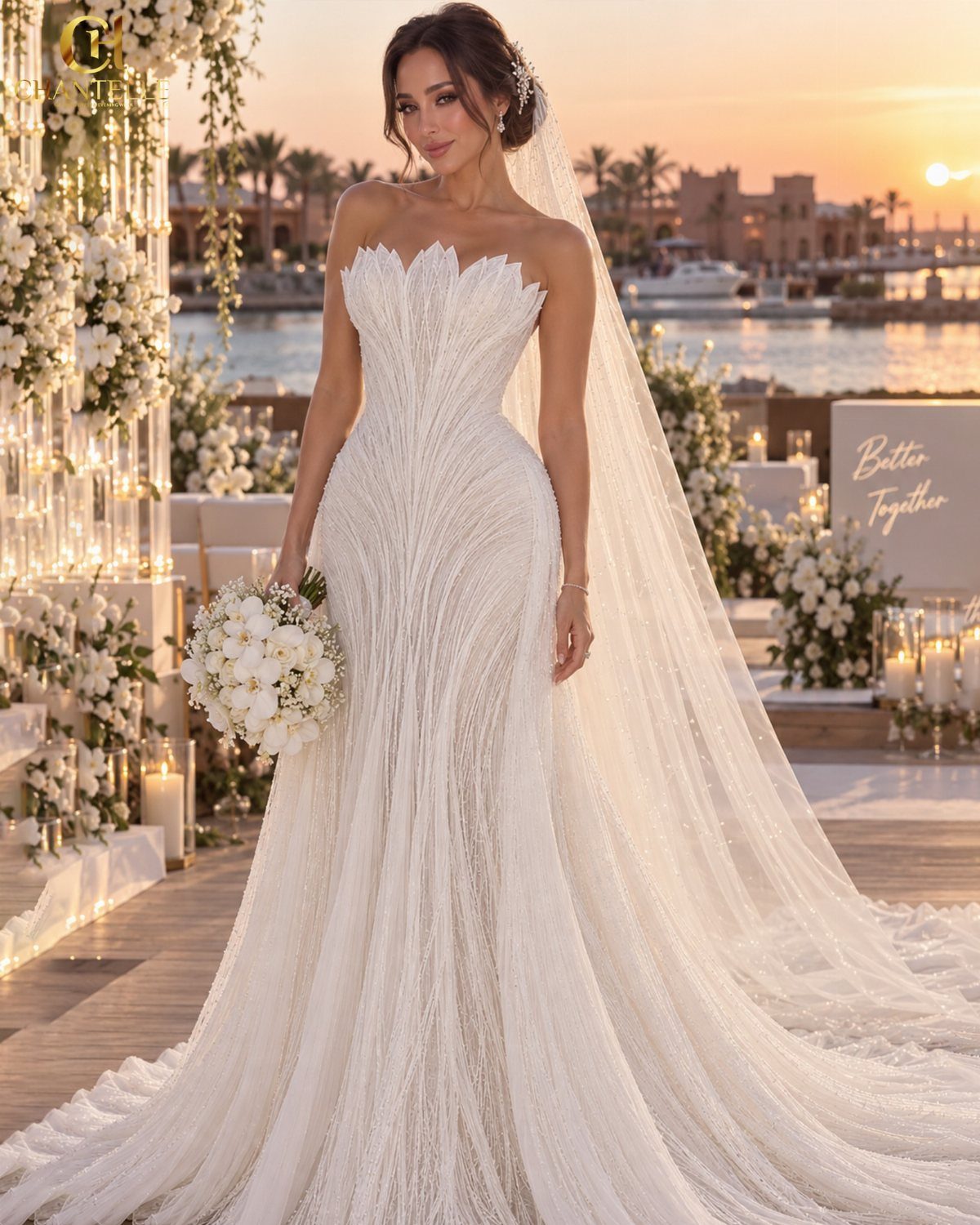 Woman in a strapless sweetheart neckline mermaid wedding dress holding white flowers at sunset.