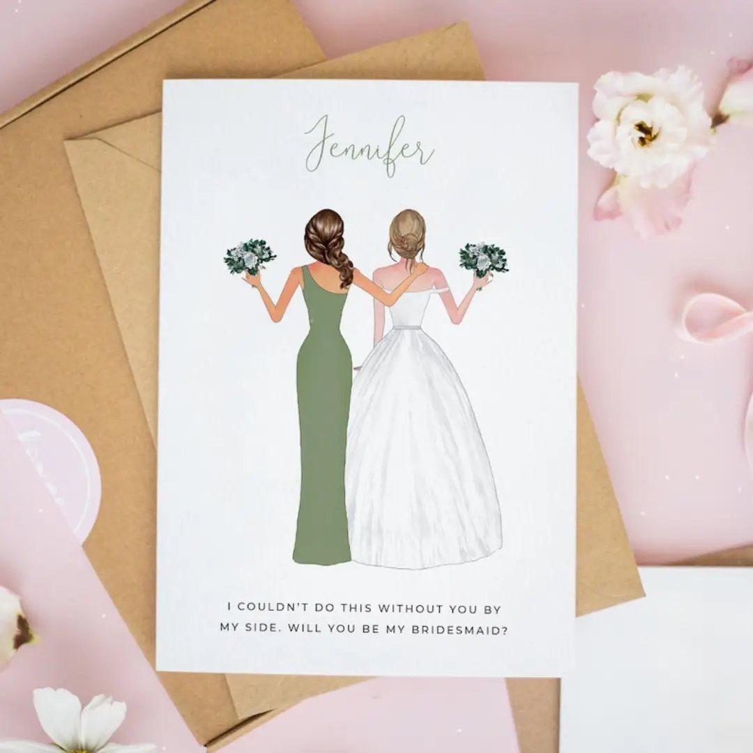 Bridesmaid proposal card with illustration of bride and bridesmaid on pink background