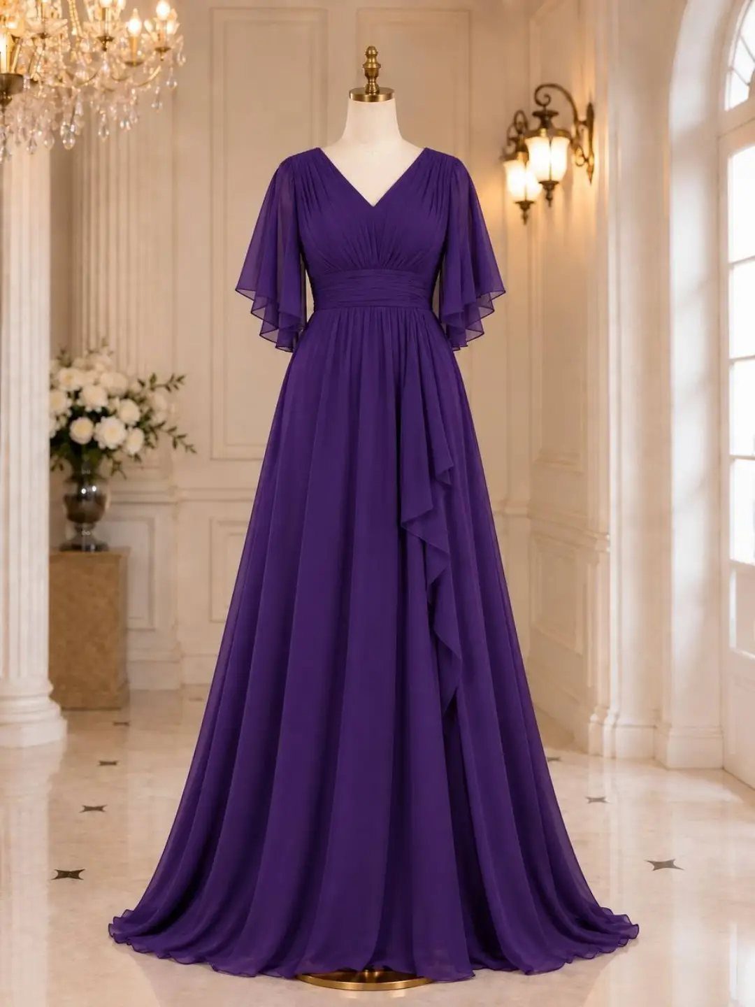 Royal violet purple bridesmaid dress with flutter sleeves on a white mannequin.