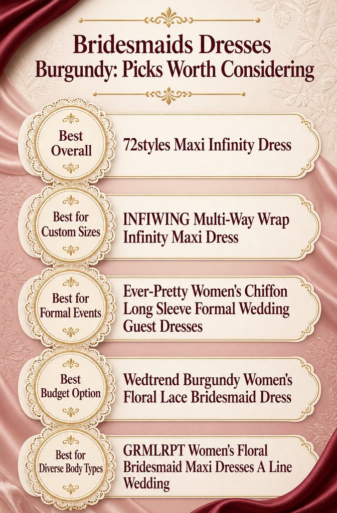An infographic comparing different burgundy bridesmaids dresses with specifications listed.