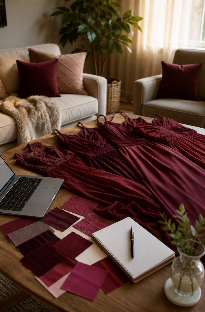 A close-up of a burgundy chiffon dress hanging on a rack in a boutique.
