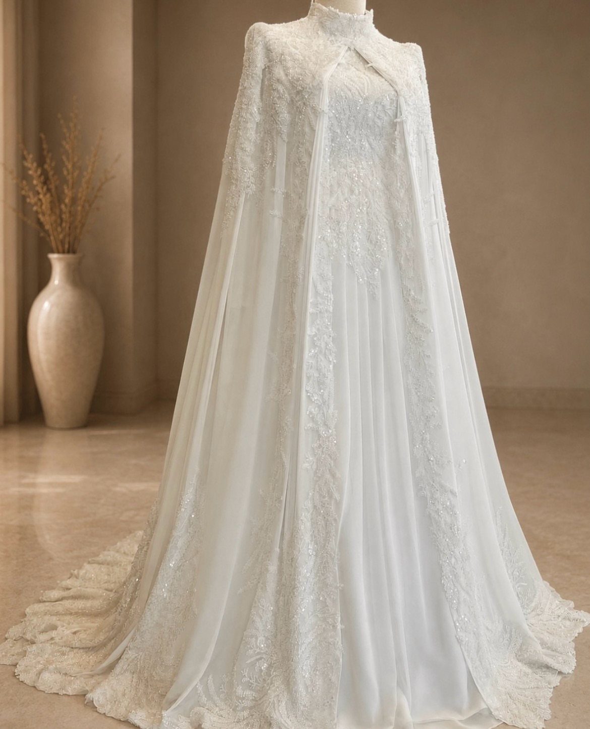 White wedding gown on a mannequin with a dramatic, floor-length lace cape.