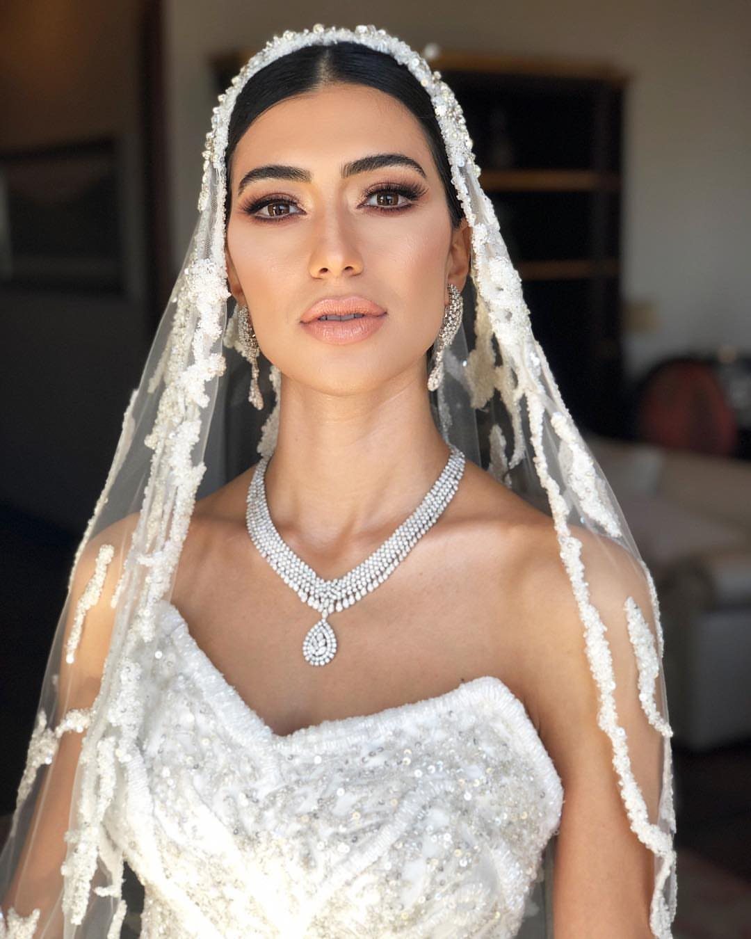 Woman in a white embellished wedding gown with a lace veil and diamond jewelry