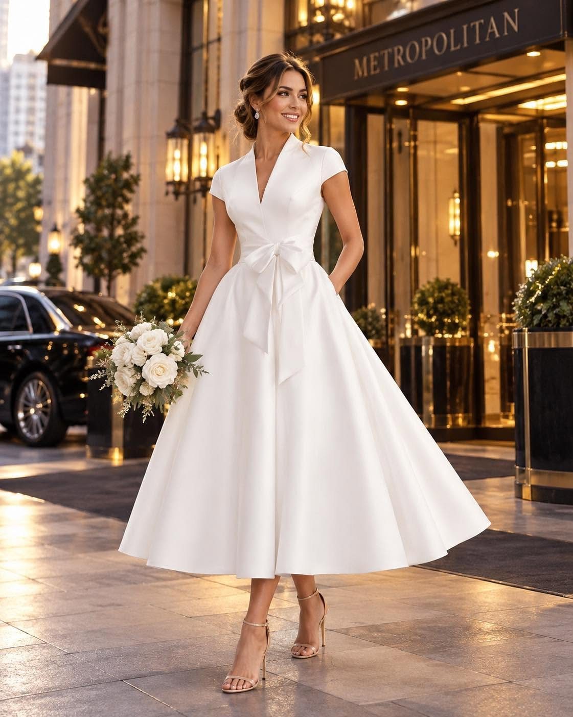 Woman in a white midi bridal dress with a bow holding a bouquet.