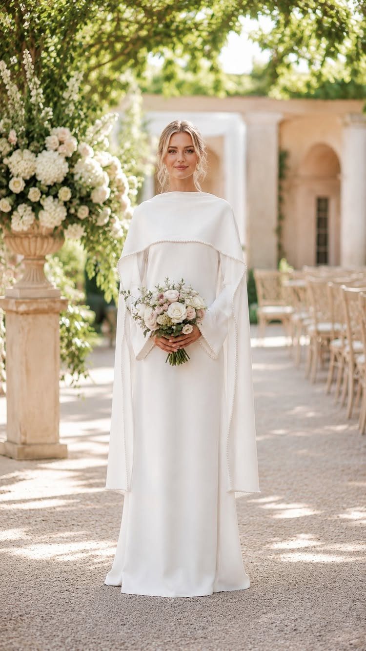 Woman in a long white bridal maxi dress with capelet holding a bouquet