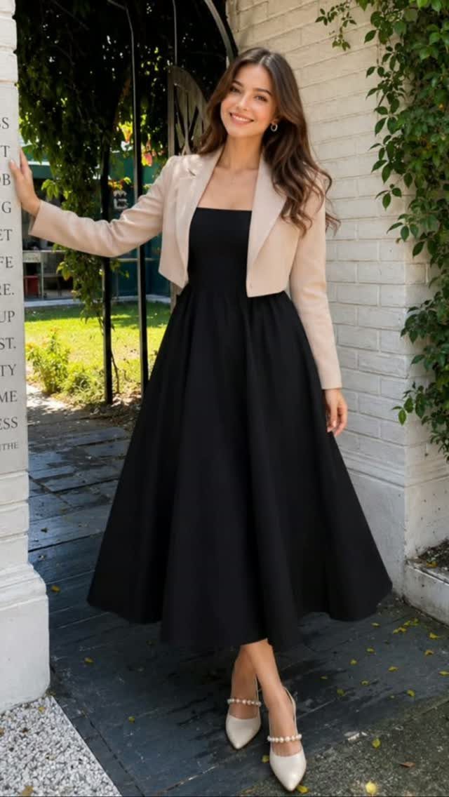Woman wearing a black midi dress and beige cropped blazer for smart-casual attire.