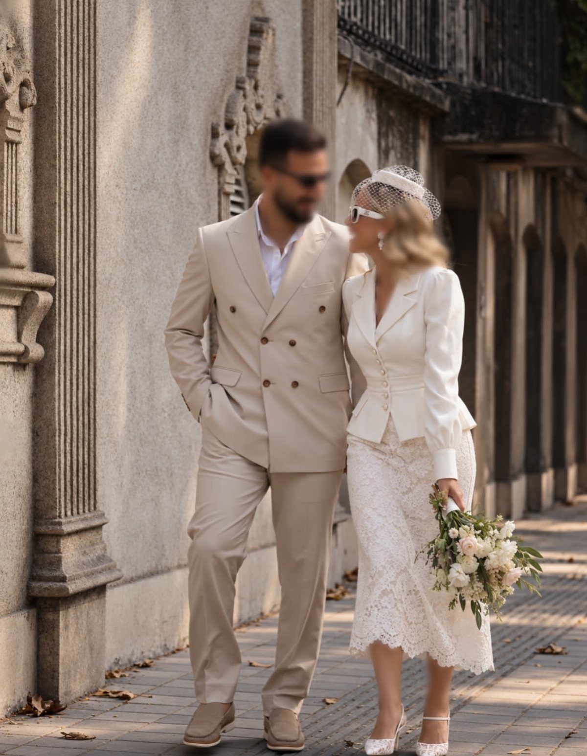 Couple in beige and white wedding attire walking beside a stone wall
