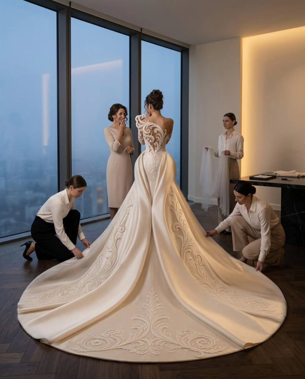 Woman in a voluminous cream bridal gown being adjusted by three assistants indoors.