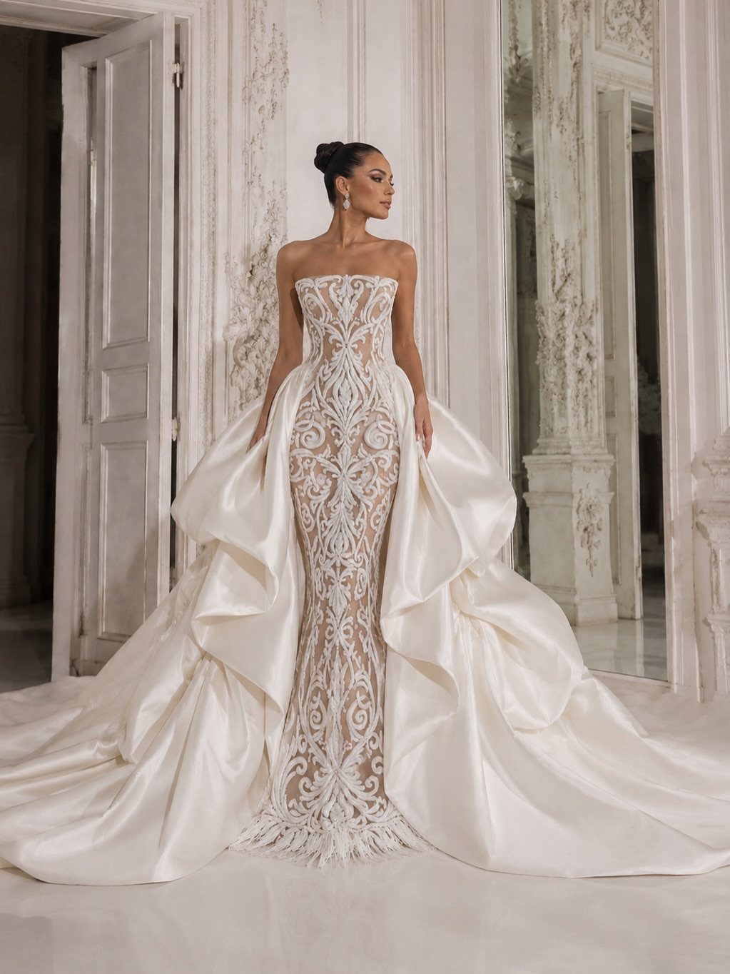 Woman in a white lace wedding dress with a large satin draped overskirt.