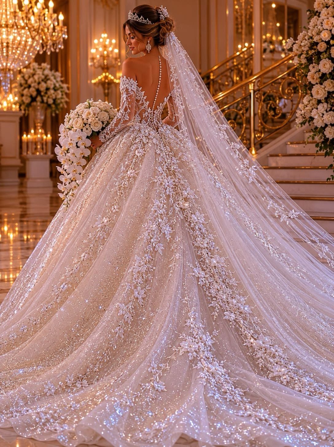 Woman in a sparkling white luxury wedding dress with a long train and veil.