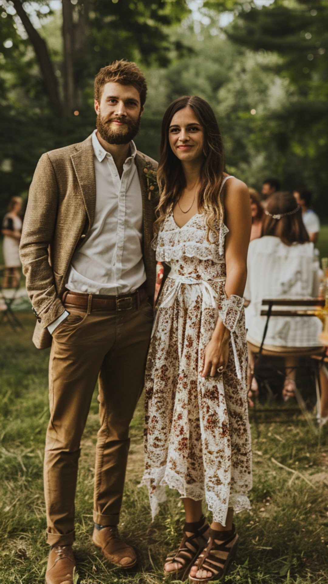 Man in tan blazer and woman in floral dress posing at outdoor wedding