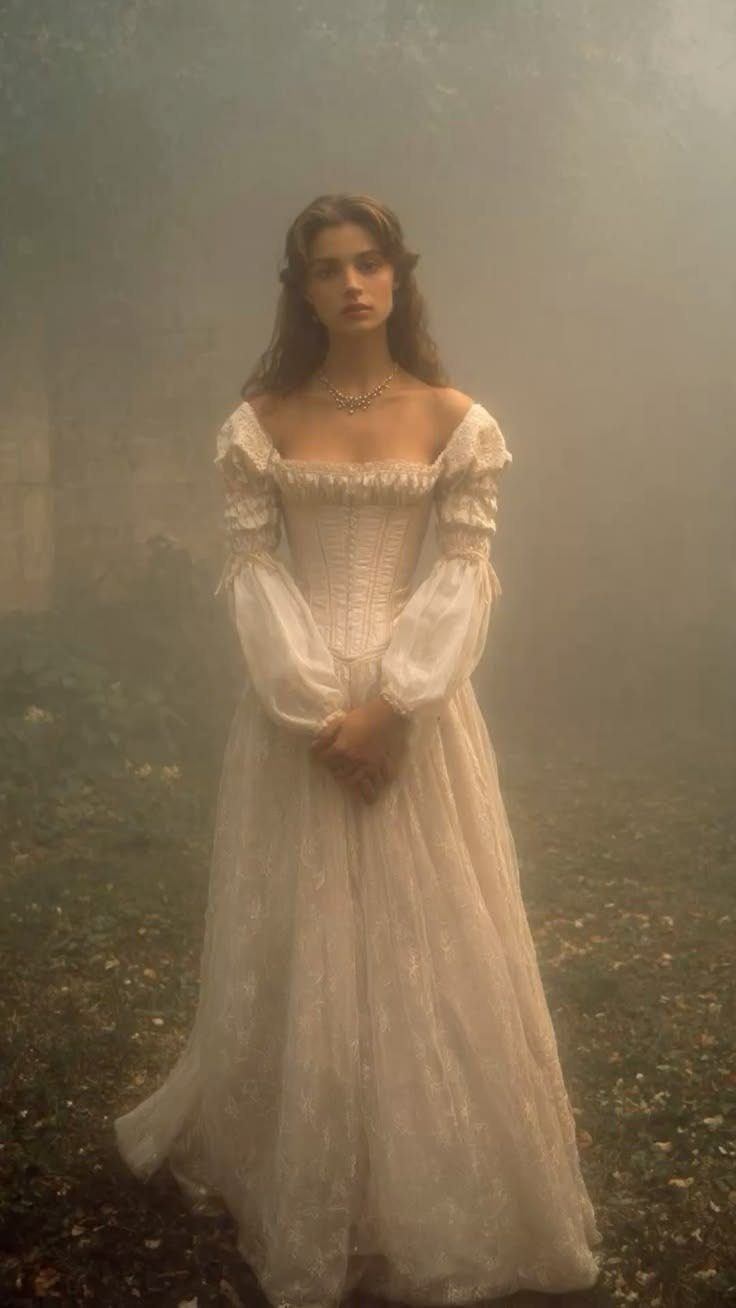 Woman in a flowing white elvish wedding dress standing in a foggy forest