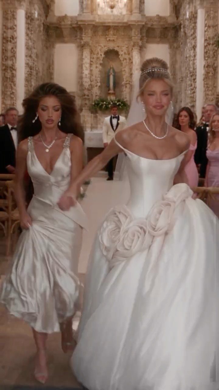 Woman in a voluminous white wedding gown with fabric roses in a church