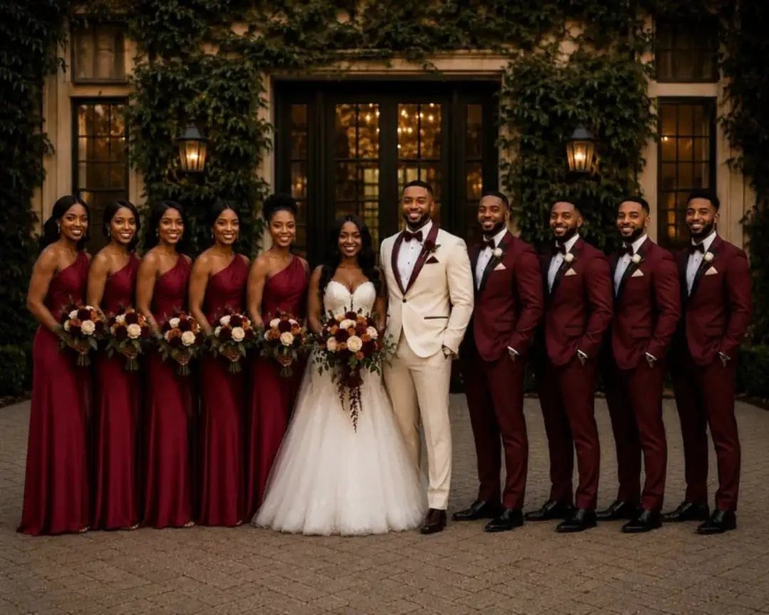 Wedding party with bridesmaids and groomsmen wearing matching burgundy attire outdoors.
