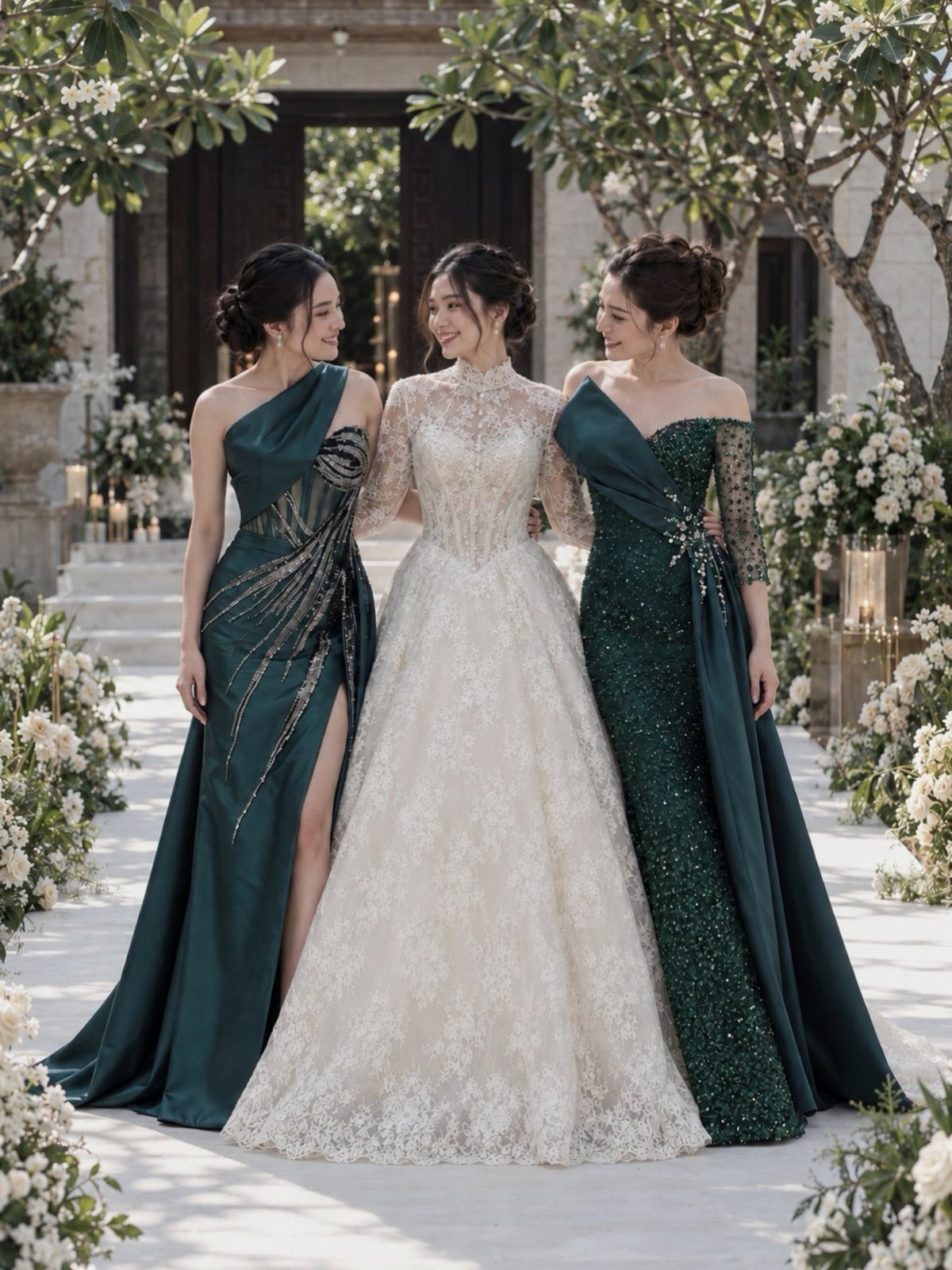 Three women in wedding attire, featuring two bridesmaids in emerald green gowns.