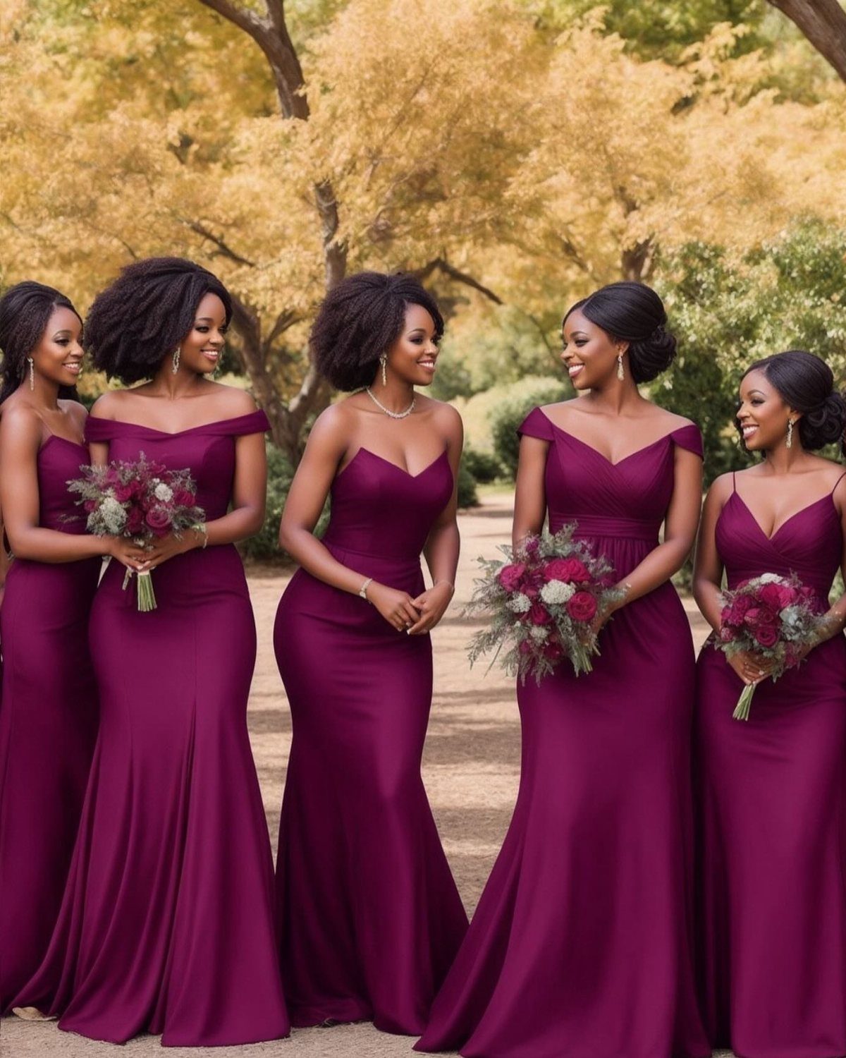 Five bridesmaids in deep plum gowns holding bouquets against autumn trees.