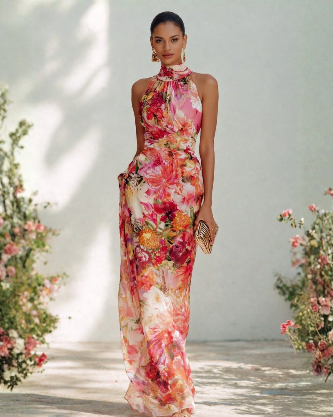 Woman in a long floral print dress standing between pink flowering bushes.