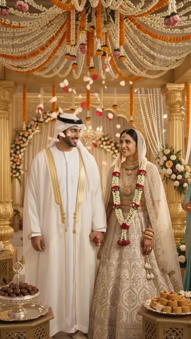 Groom in white traditional attire and bride in cream lehenga under floral canopy.