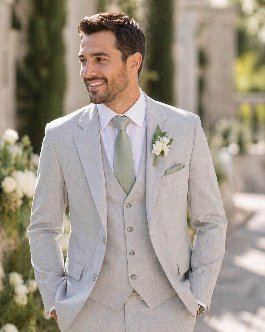 Man in a light grey three-piece suit with a sage green tie.