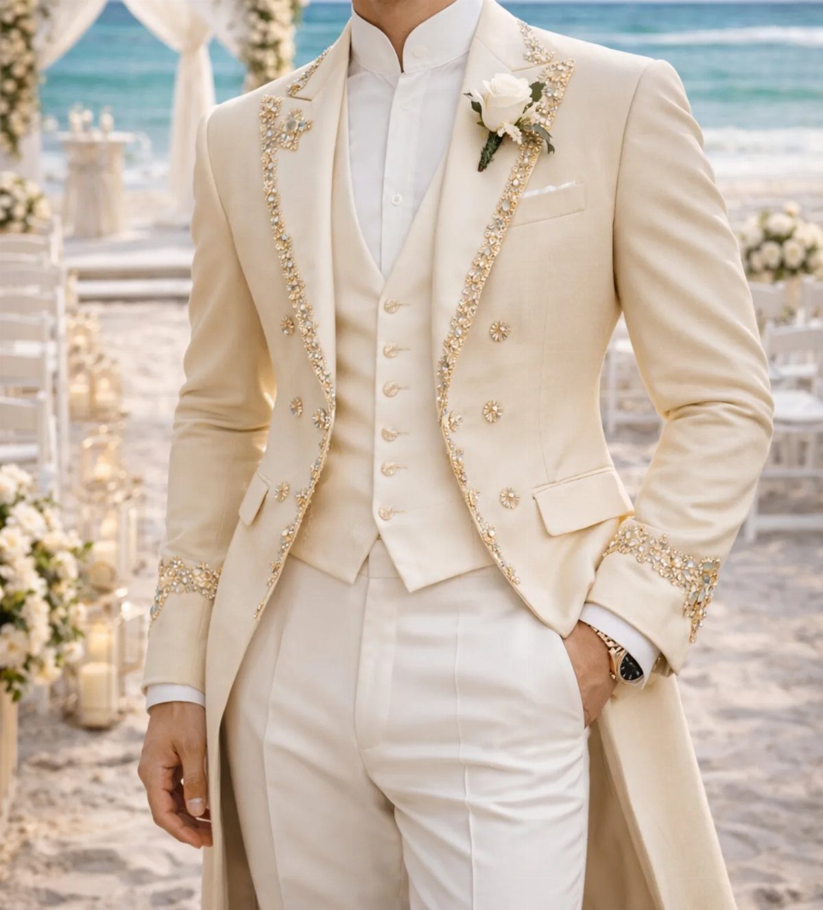 Man in a cream wedding suit with gold embroidery on a beach