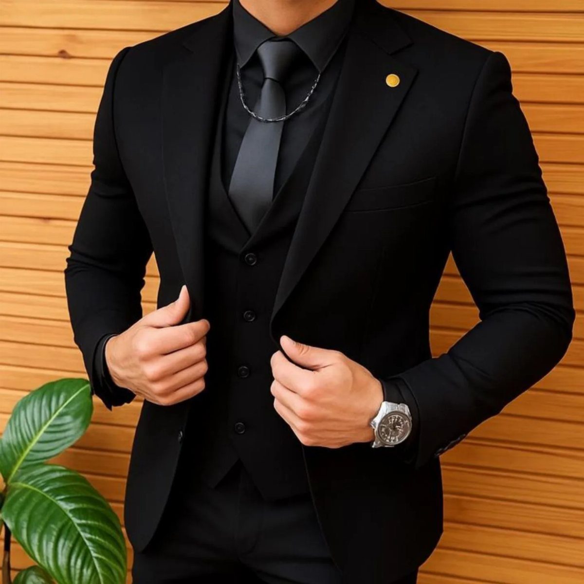 Man in a fitted black three-piece suit with a black tie and silver watch.