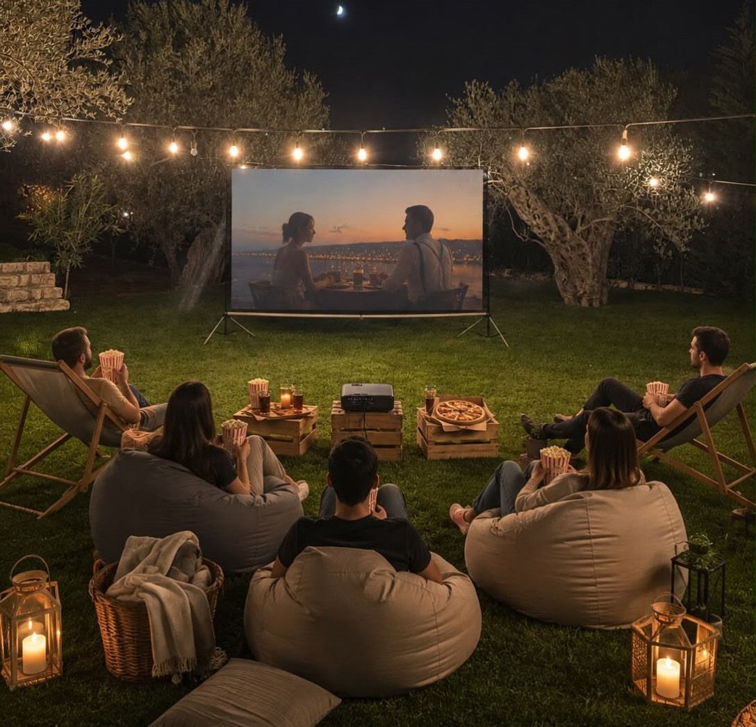 People watching a movie on a large outdoor projector screen in a backyard.