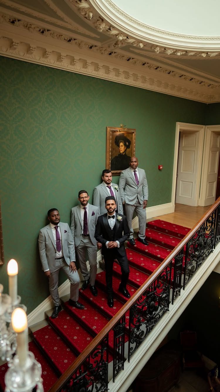Groom and groomsmen posing on a red carpet staircase in a formal room