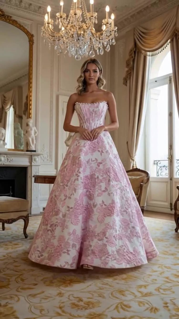 Woman in a strapless white and pink floral jacquard wedding dress in ornate room